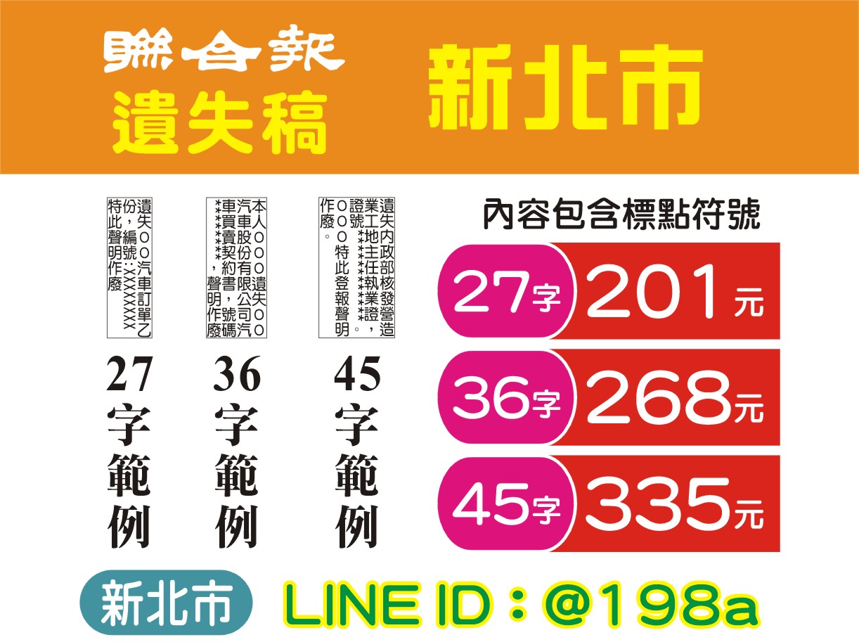 遺失作廢- 聯合報新北市 遺失稿 201元↑
